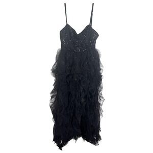 IEENA For Mac Duggal Dress Womens 4 Black Sequin Tulle Ruffle Gown Formal Prom